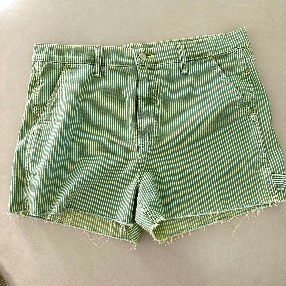 MOTHER Green Striped Jean Shorts